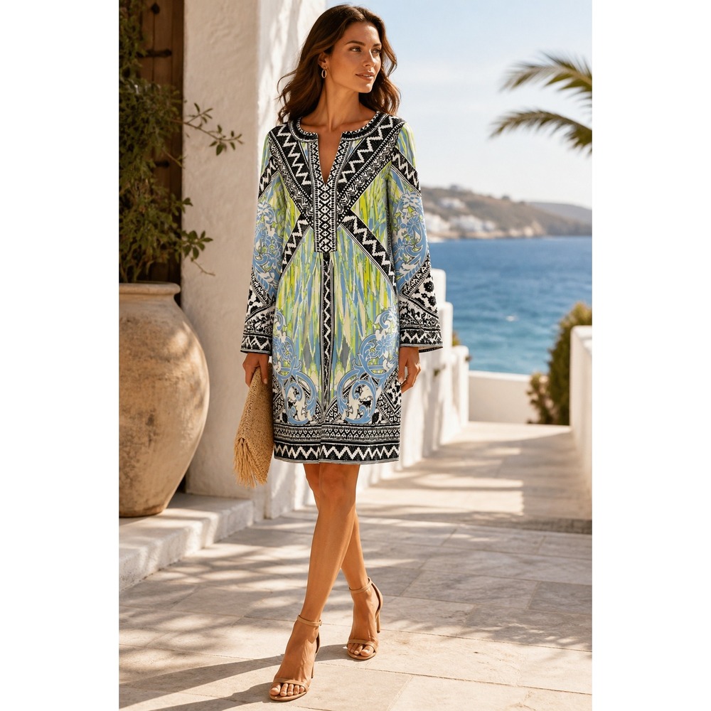 Hale Bob Beaded‎ Tunic Dress Boho Resort Luxe Print Mini M
